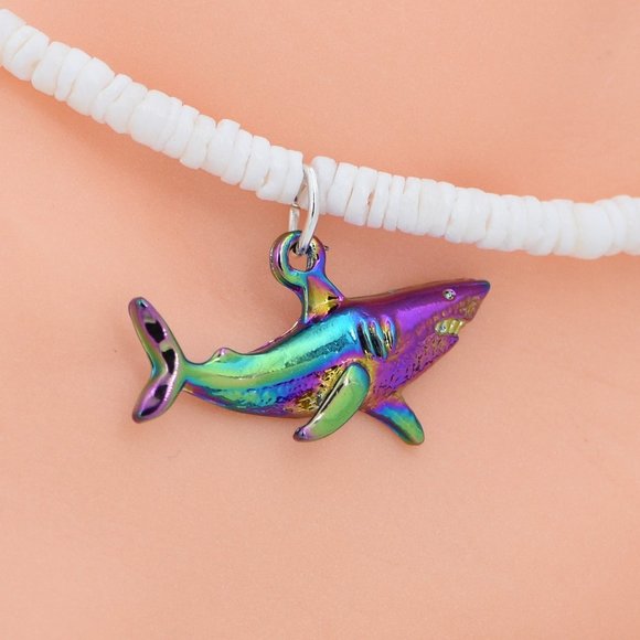 Rainbow Shark Puka Shell Anklet, Adjustable, White 3-4mm Shell Beads, 9" to 12" - Picture 2 of 4